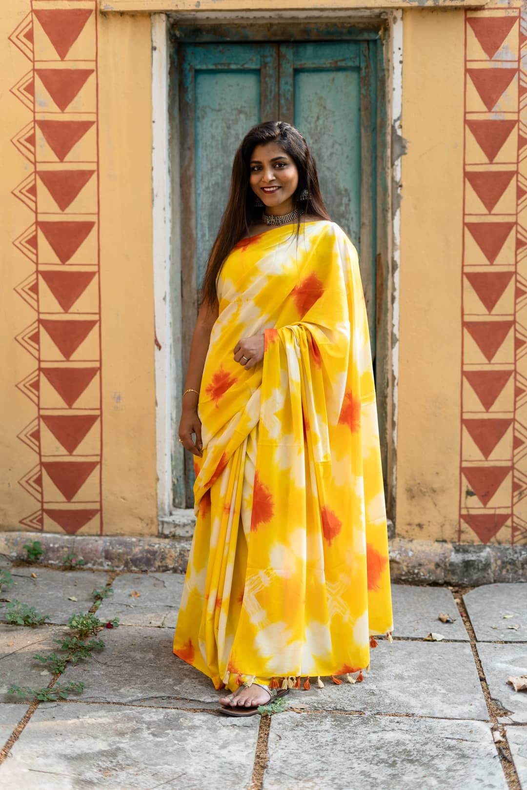 tie and dye sarees online, yellow handloom sarees online