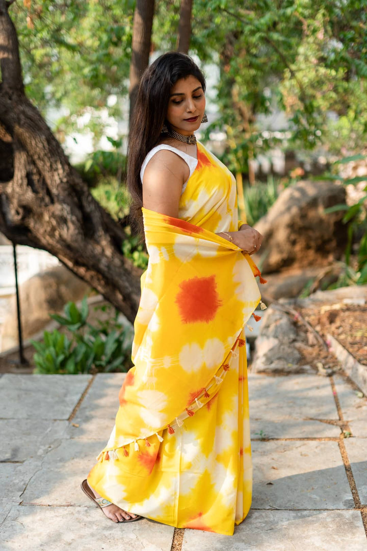 yellow sarees online, yellow tie and dye sarees