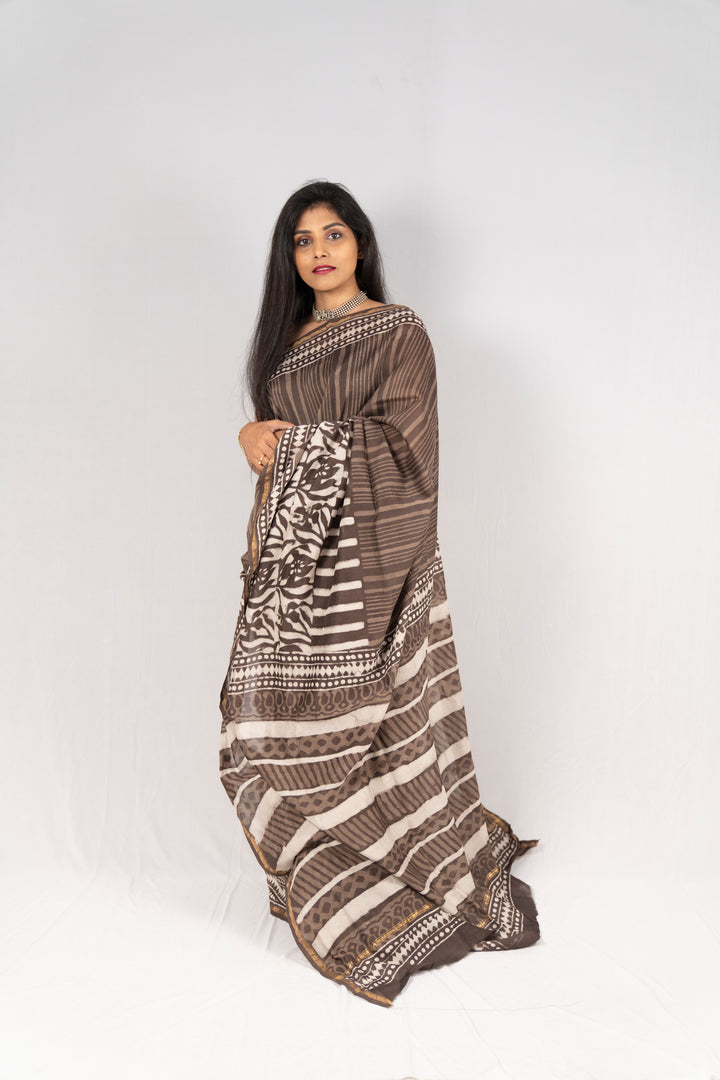 Chanderi Silk Hand Block Printed Saree - Anemone Vinkel