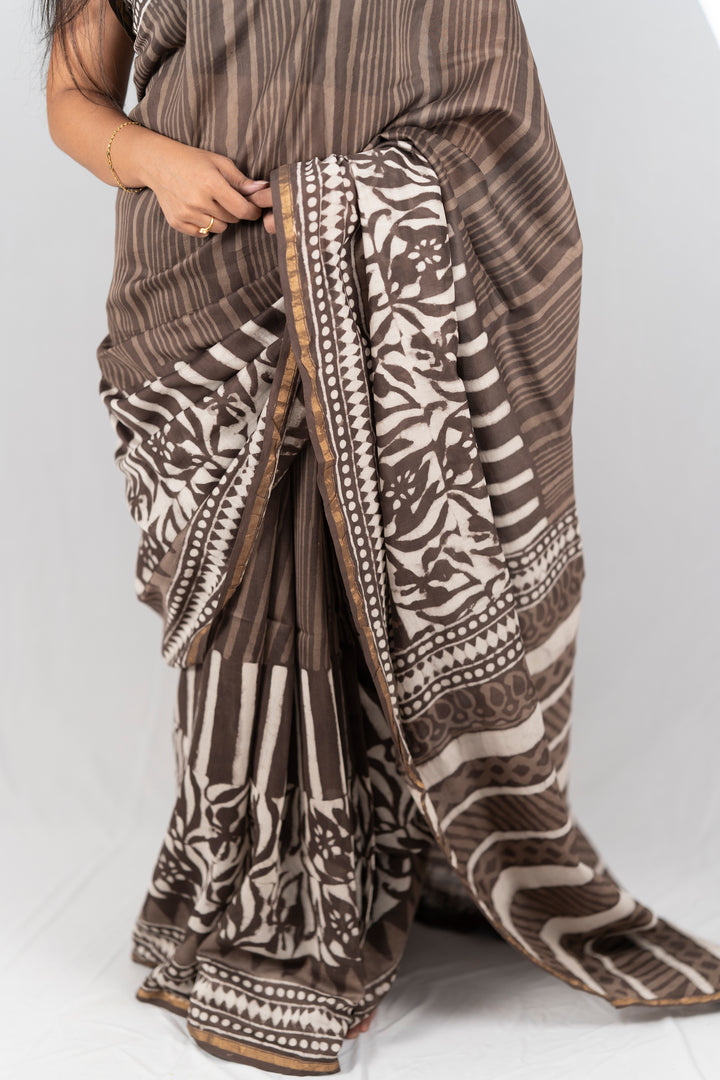 Chanderi Silk Hand Block Printed Saree - Anemone Vinkel