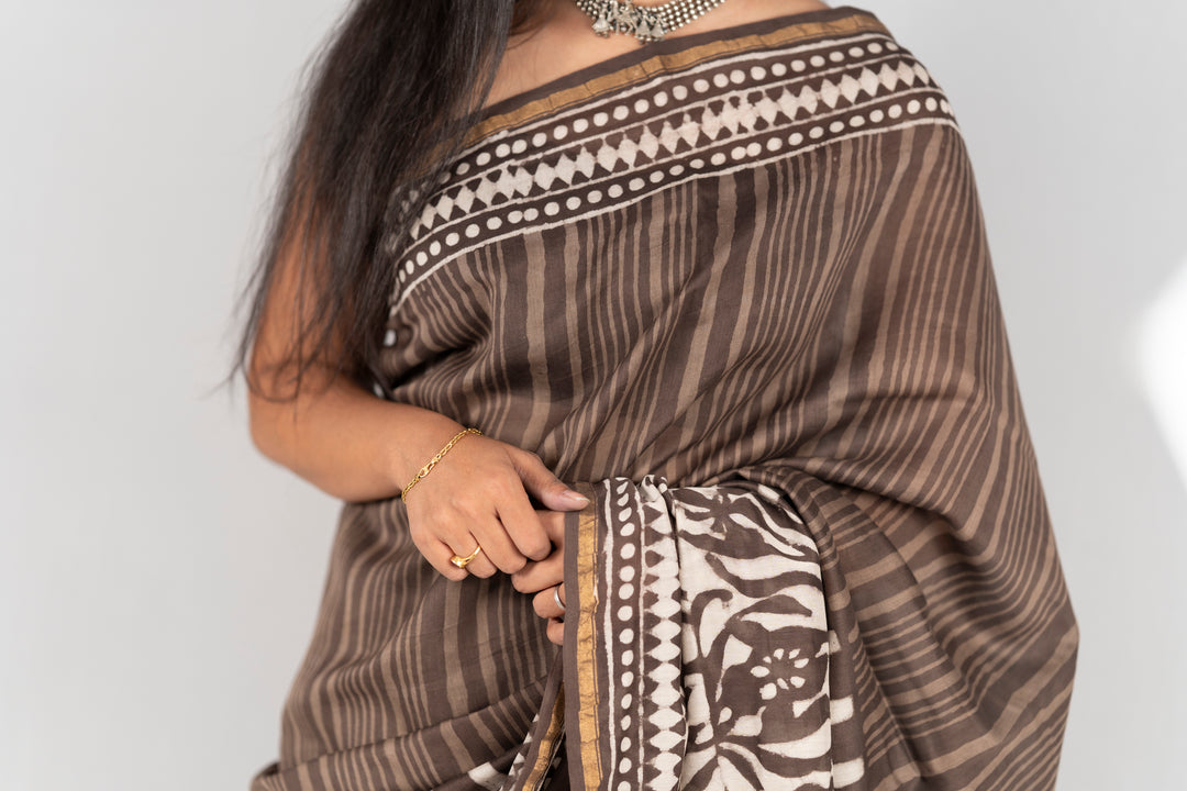 Chanderi Silk Hand Block Printed Saree - Anemone Vinkel