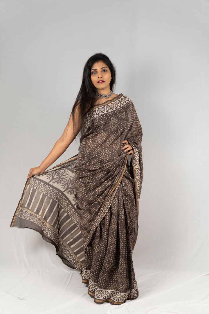 Chanderi Silk Hand Block Printed Saree - Anemone Vinkel