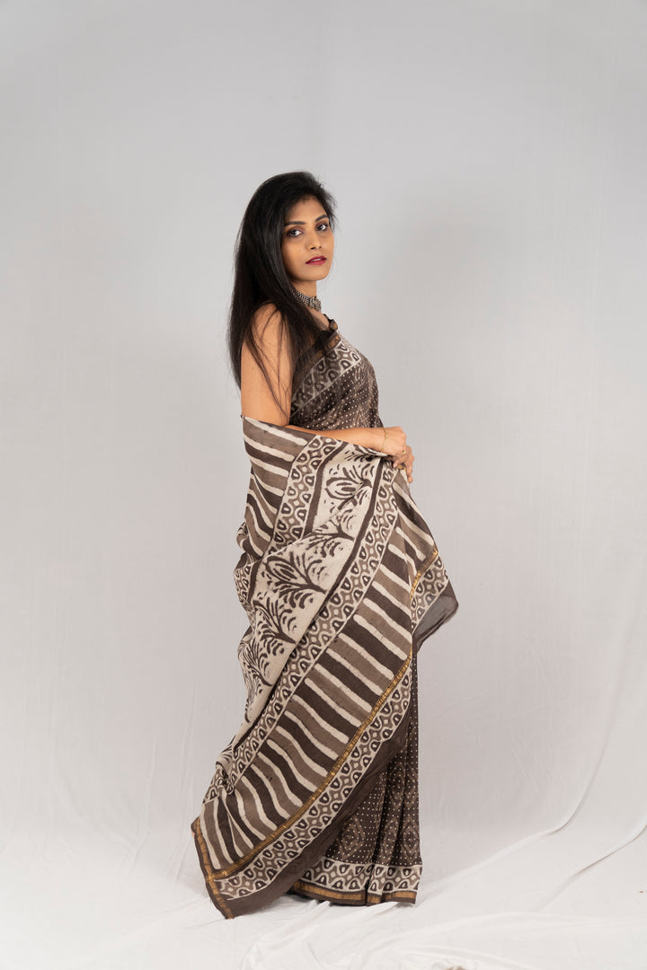 Chanderi Silk Hand Block Printed Saree - Anemone Vinkel