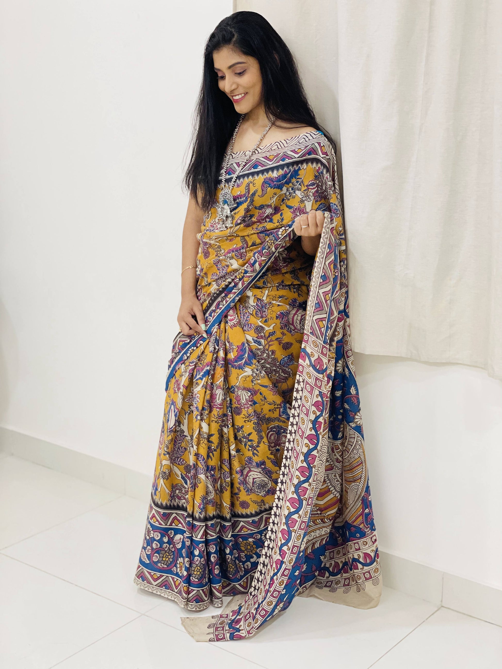 Floral Kalamkari Prints on Mul-Mul Cotton saree - Vegetable dye - Anemone Vinkel