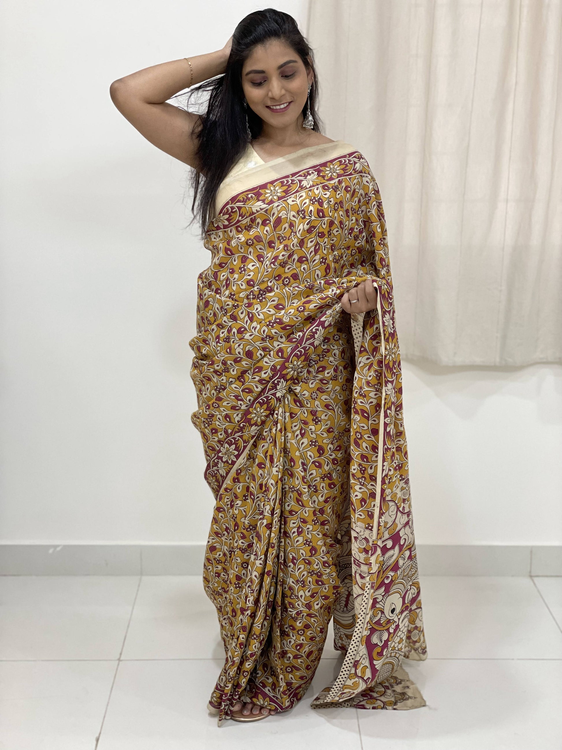 Mustered Kalamkari Prints on Semi-Crape saree - Vegetable dye - Anemone Vinkel