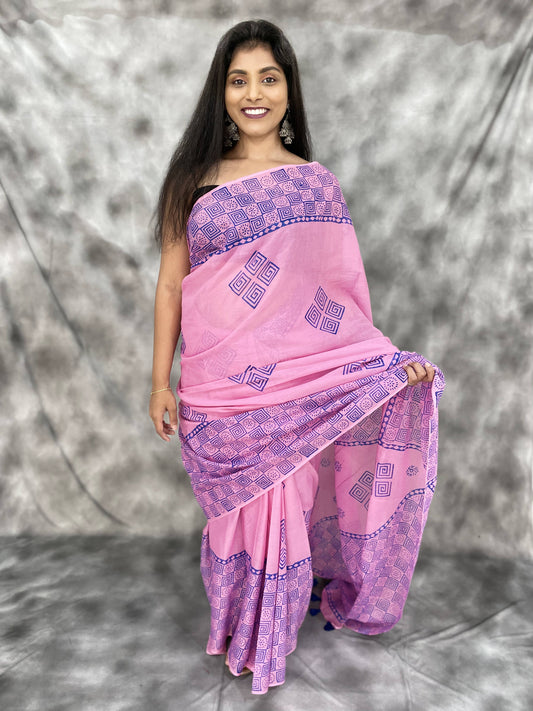 Hand Block printed MulMul cotton saree - Anemone Vinkel