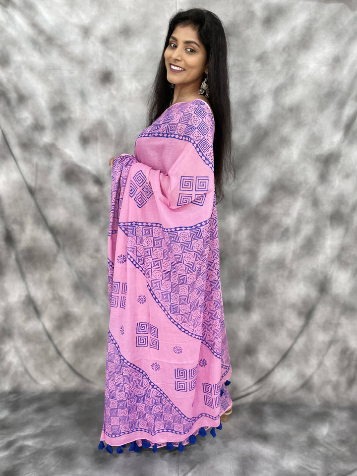 Hand Block printed MulMul cotton saree - Anemone Vinkel