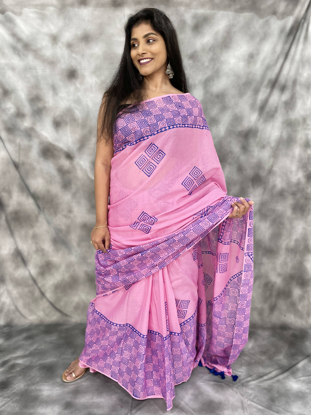 Hand Block printed MulMul cotton saree - Anemone Vinkel