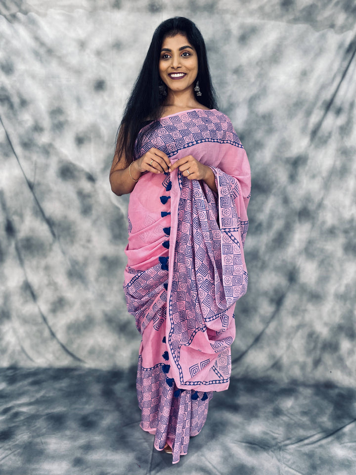 Hand Block printed MulMul cotton saree - Anemone Vinkel