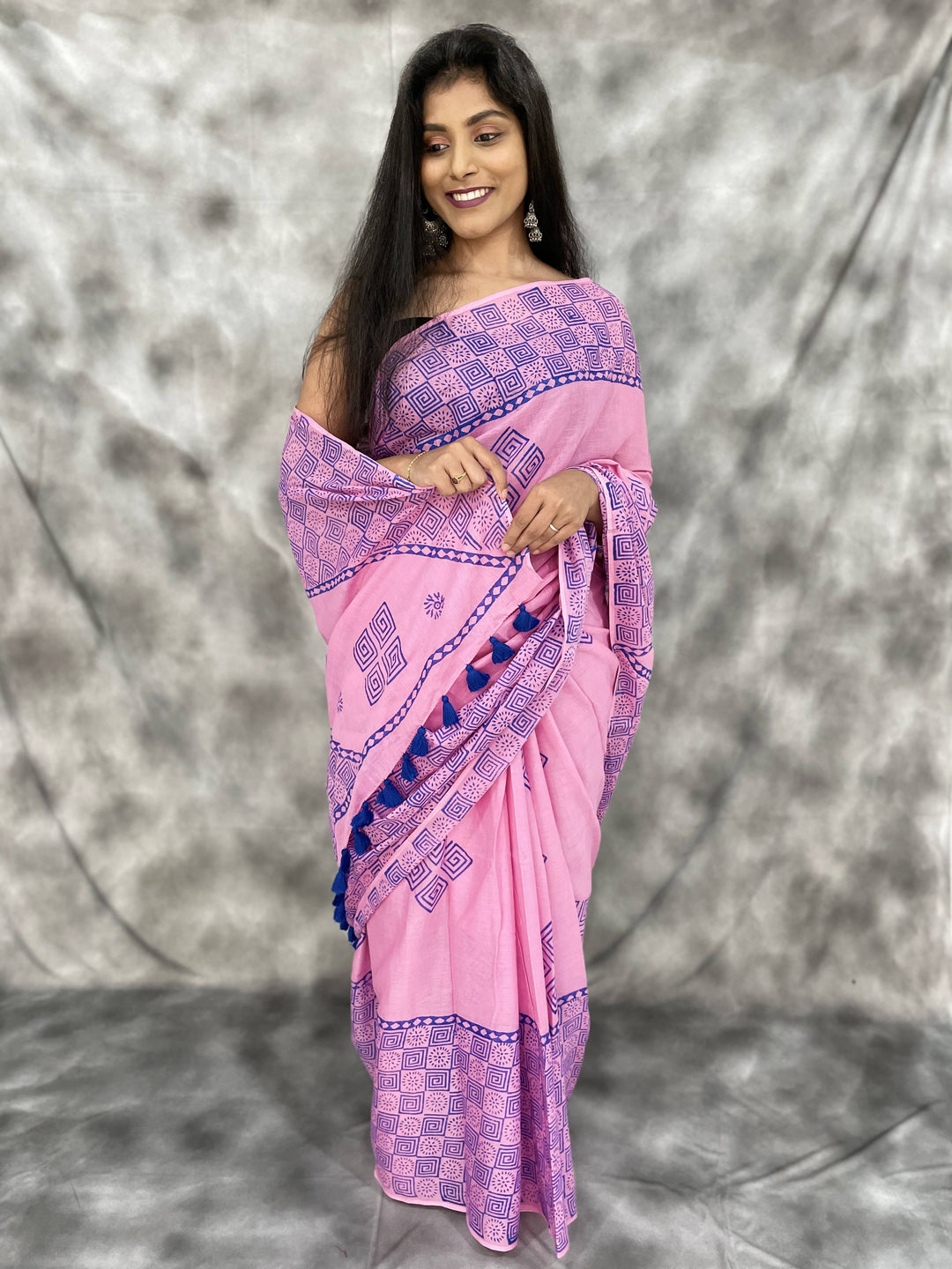 Hand Block printed MulMul cotton saree - Anemone Vinkel