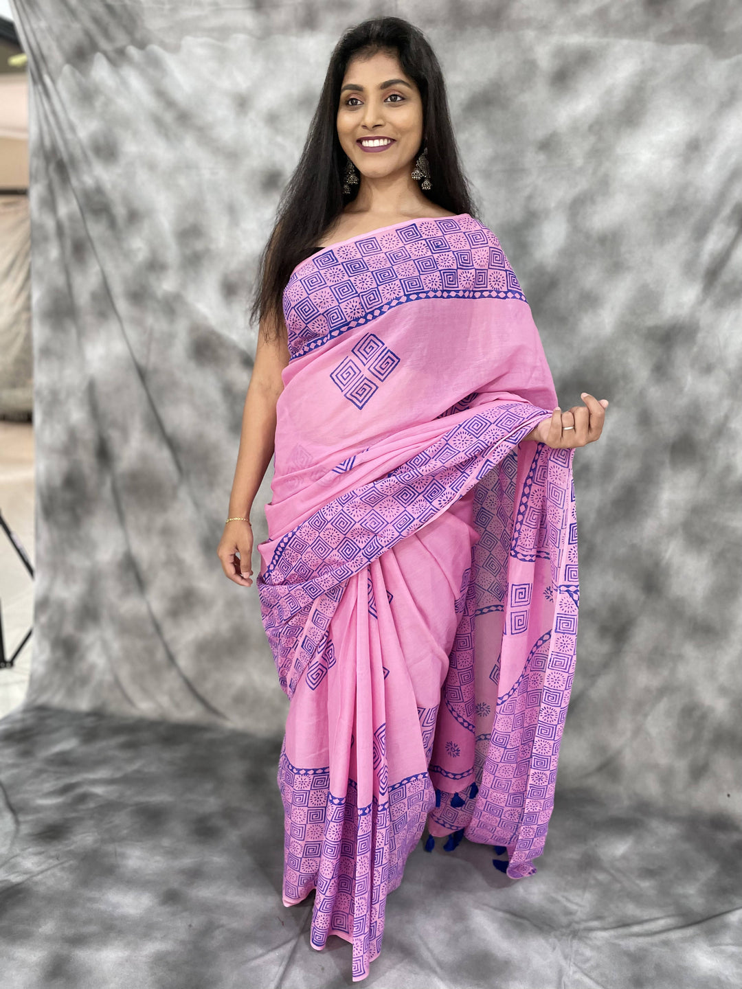 Hand Block printed MulMul cotton saree - Anemone Vinkel