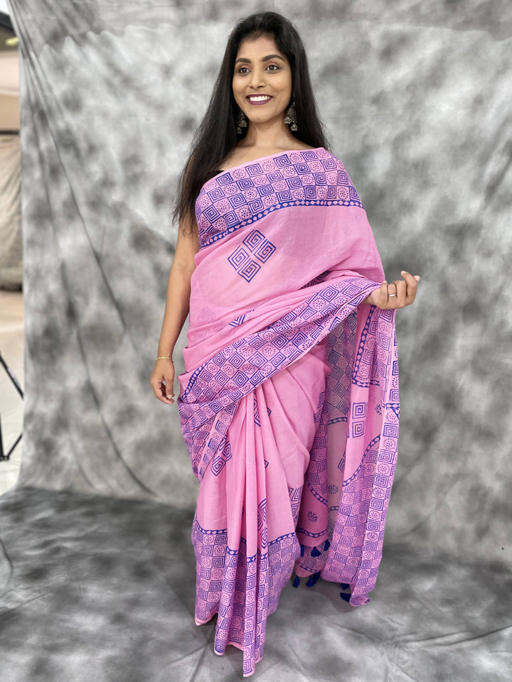Hand Block printed MulMul cotton saree - Anemone Vinkel