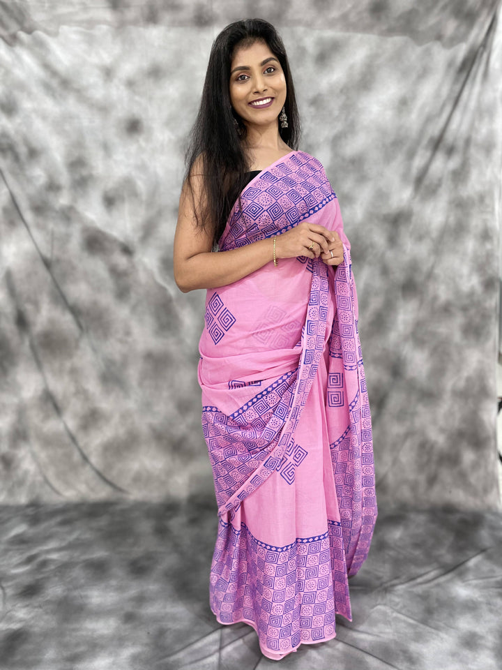 Hand Block printed MulMul cotton saree - Anemone Vinkel