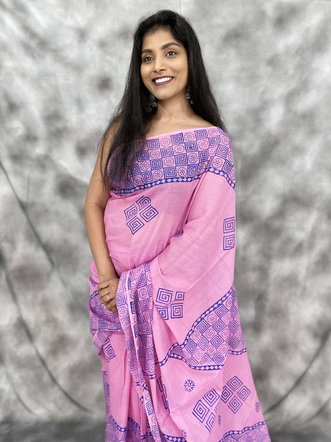 Hand Block printed MulMul cotton saree - Anemone Vinkel
