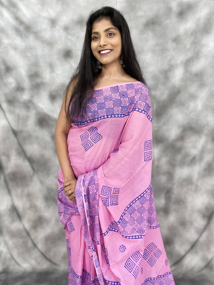 Hand Block printed MulMul cotton saree - Anemone Vinkel